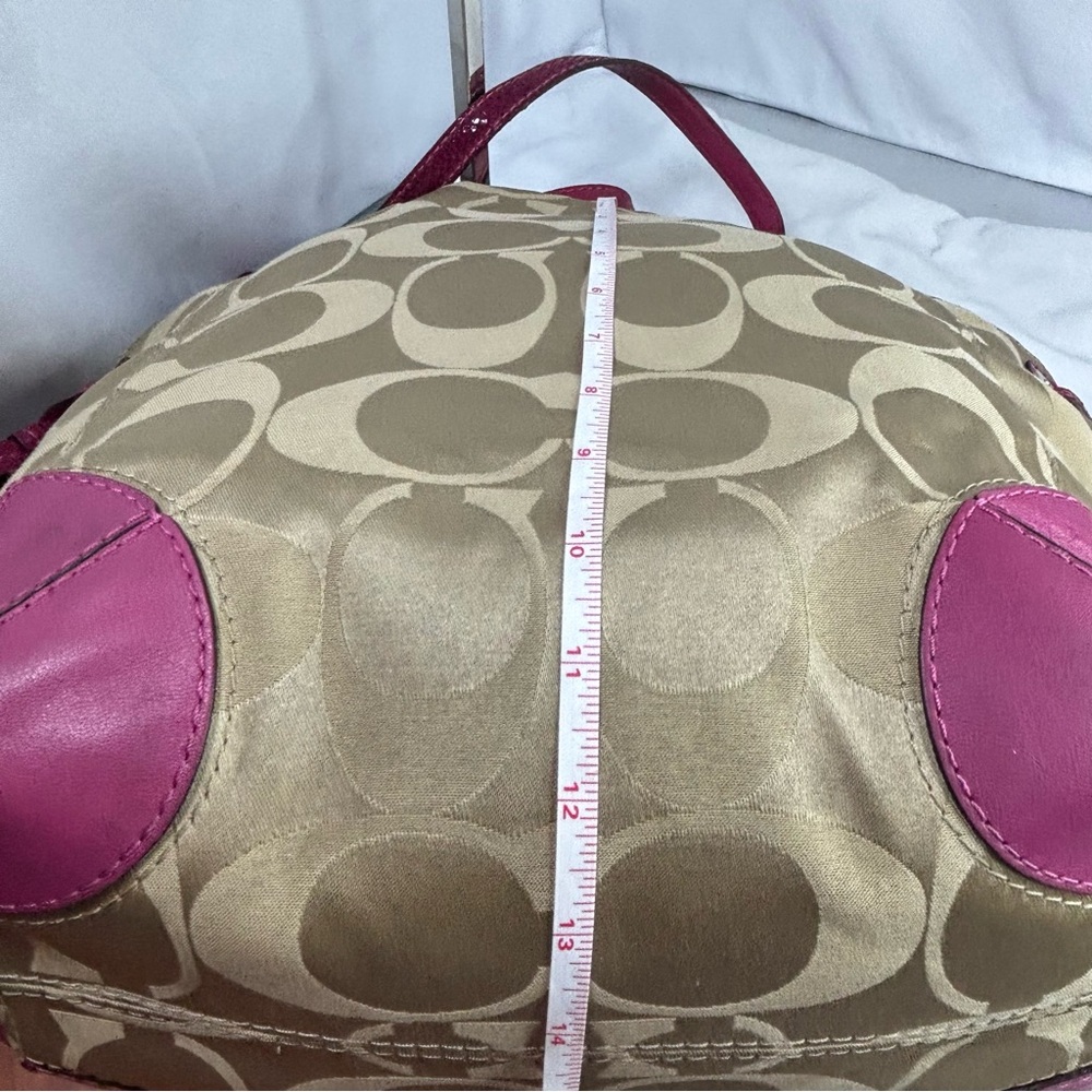 COACH Peyton Signature Khaki/ Fushia Sateen Signature Tote Bag - Picture 13 of 14